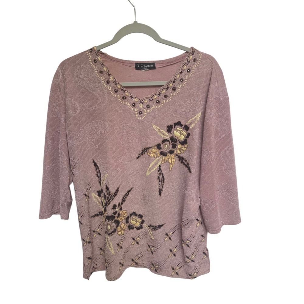 Vintage 90s TC Fashion Womens Pink Floral Embroidered V Neck 3/4 Sleeve‎ Size XL